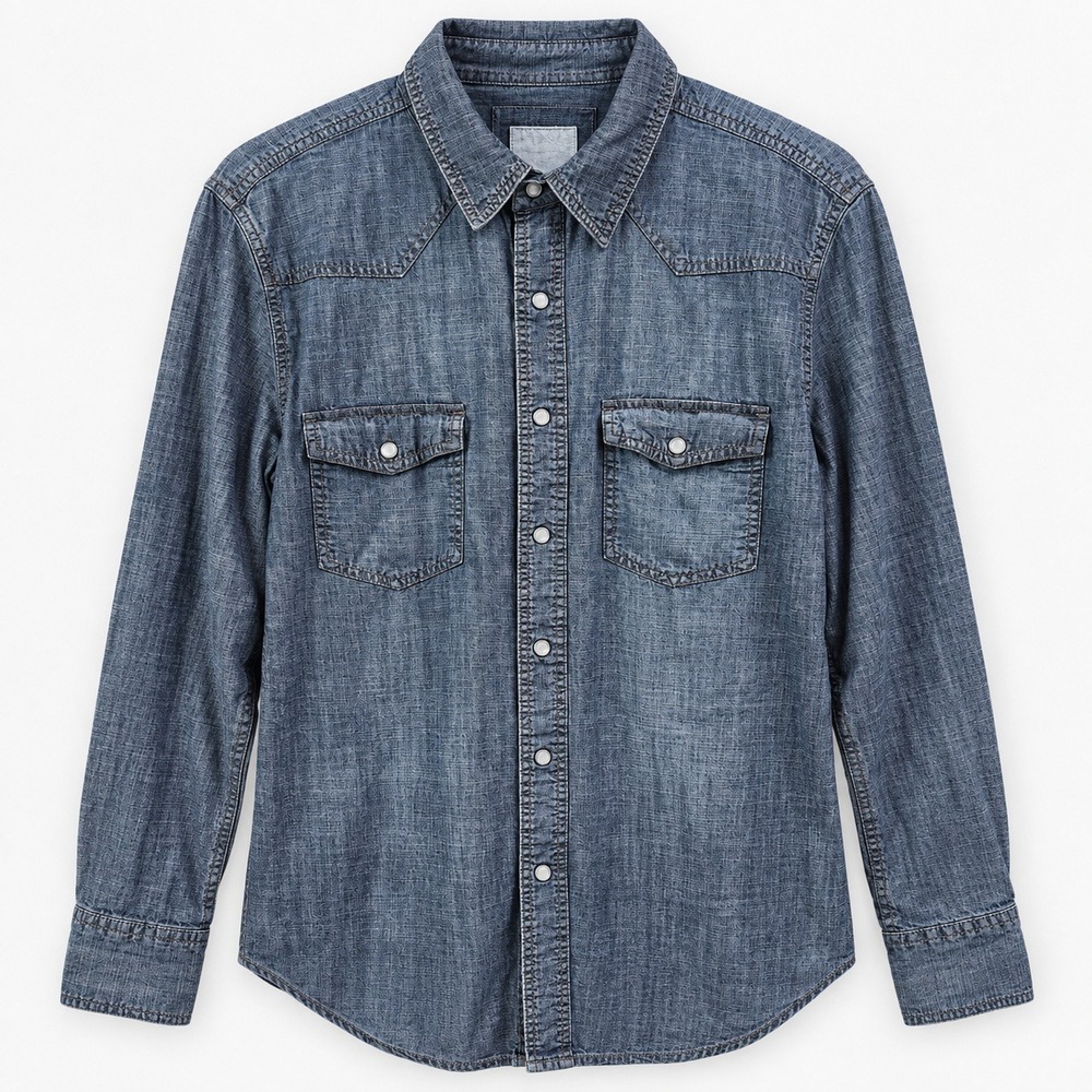 PD&C Mens Denim Western Shirt Blue Pearl Snap Roll Tab PW9ZA0BD Medium